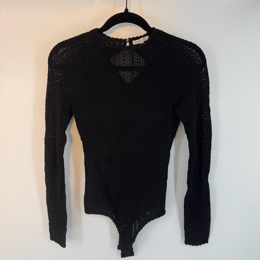 Ronny Kobo Thick Crotchet Knit Long Sleeve Patterned Black Lace Bodysuit